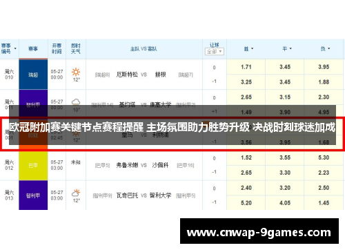 欧冠附加赛关键节点赛程提醒 主场氛围助力胜势升级 决战时刻球迷加成 欧冠附加赛关键节点赛程提醒 主场氛围助力胜势升级 决战时刻球迷加成