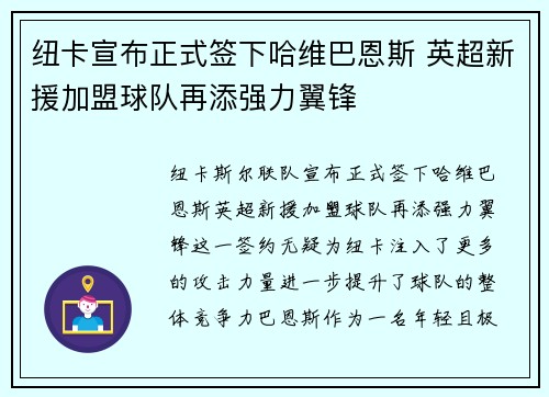 纽卡宣布正式签下哈维巴恩斯 英超新援加盟球队再添强力翼锋