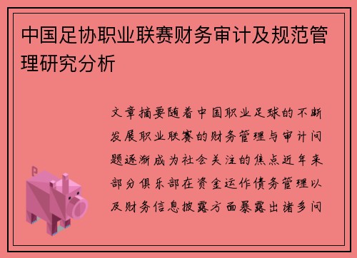 中国足协职业联赛财务审计及规范管理研究分析 中国足协职业联赛财务审计及规范管理研究分析